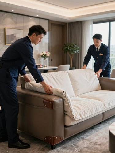 Movers in clean navy uniforms wrapping a premium Italian leather sofa with thick protective blankets and custom corner guards inside a luxury penthouse.