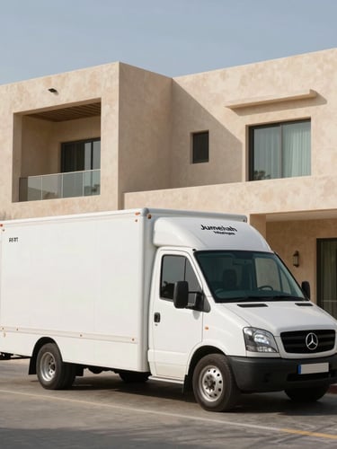 Wide-angle view of a spotless, branded white moving truck parked in front of a modern Jumeirah Village Triangle villa, bright desert daylight, soft architectural shadows.