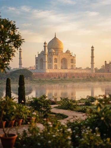 Warm golden hour light hitting the intricate marble carvings of the Taj Mahal, viewed from a private garden across the Yamuna river, atmospheric morning mist, 35mm film look.