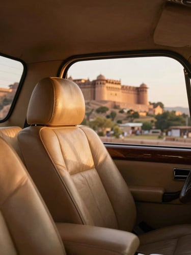 Intimate close-up of a pristine private luxury car interior, soft leather seating, a warm golden hour light streaming through the window, showing a glimpse of a Rajasthani fort in the soft-focus background