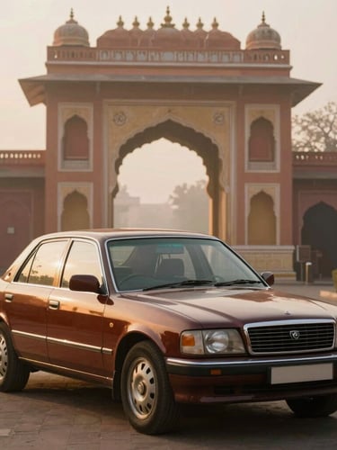A polished classic sedan parked in front of a grand Rajasthani palace archway, warm morning mist, golden hour light reflecting on the vehicle.