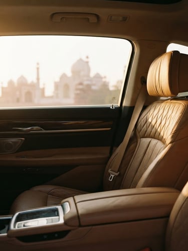 A pristine luxury sedan interior with leather seats, soft morning light filtering through the window, showing a glimpse of historic Agra architecture in the soft-focus background, 35mm film look.