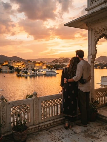 A romantic sunset over Lake Pichola in Udaipur, a couple watching from a marble heritage balcony, warm golden lighting, 35mm film look