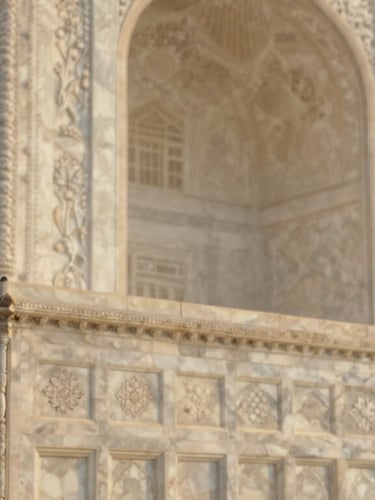 Close-up of intricate hand-carved floral patterns on white marble at the Taj Mahal, soft warm morning light, shallow depth of field.