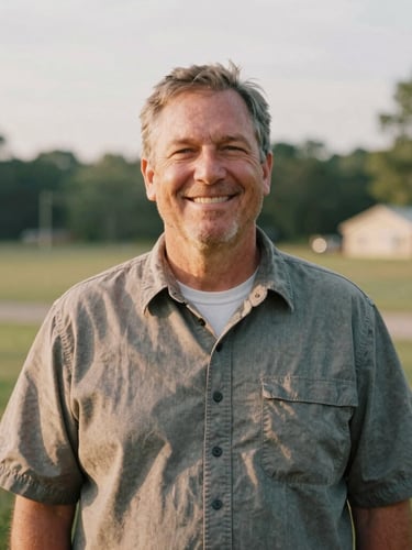 A warm, candid portrait of a local community leader in Georgia, soft overcast daylight, natural environment, 35mm film look.