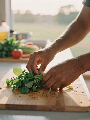 Hands carefully preparing fresh local produce in a warm Georgia community kitchen, soft golden hour light, authentic 35mm film look.