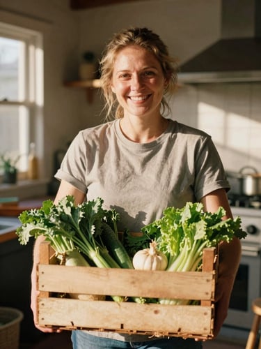 Warm editorial portrait of a smiling Georgia community volunteer in a sunlit kitchen, holding a wooden crate of fresh green vegetables, natural golden-hour daylight, authentic human connection, 35mm film look.