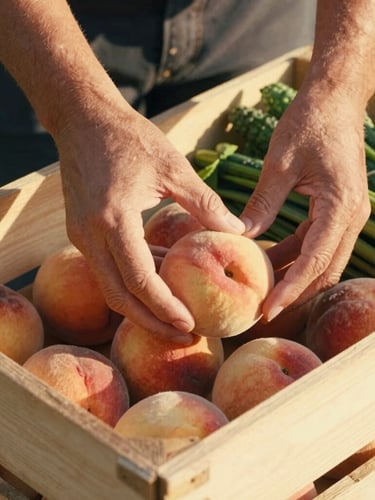 A close-up of warm hands carefully placing fresh, local Georgia peaches and green vegetables into a clean wooden crate, soft natural golden-hour daylight.