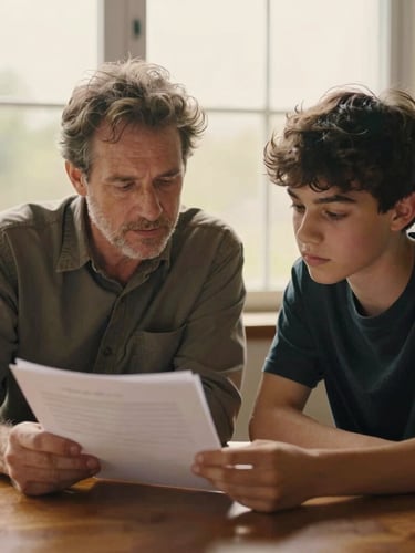 A warm, natural portrait of a mentor and a young adult reviewing documents together at a wooden table, soft overcast daylight through a window, respectful and focused.