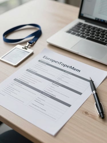 Close-up overhead shot of an operations manager's desk in a European office — printed onboarding checklists, a laptop open to a compliance dashboard, a lanyard with an ID badge resting beside a pen, neutral studio daylight from a high window