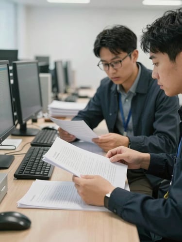 Wide environmental shot of two workers at an open-plan office workstation, reviewing documents together under neutral daylight, focus on hands and papers, documentary framing, cool natural light, no eye contact with camera