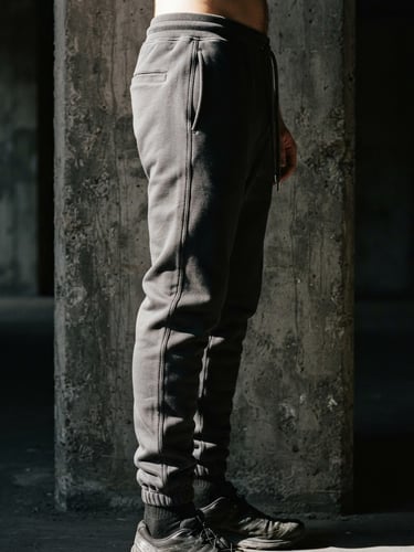 Dark moody editorial photography of heavy-gauge charcoal track pants, dramatic high-contrast side-lighting, focusing on the sculptural drape and sharp silhouette against a raw concrete pillar.