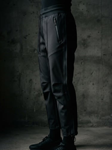 Close-up architectural garment silhouette of structured black track pants on an anonymous model, minimalist concrete background, low-key dramatic side-lighting, sharp focus, medium format film
