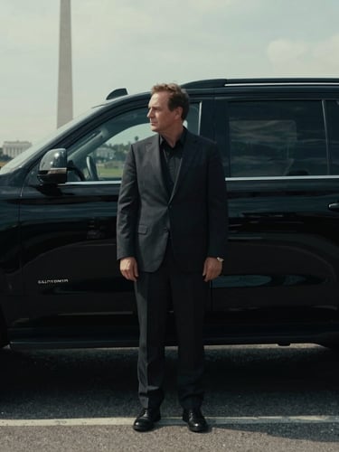 Low-key cinematic profile of a professional driver in a dark suit standing beside a black armored SUV, overcast Washington DC daylight, deep shadows, desaturated tones, 35mm.