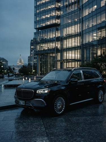 Wide shot of a sleek black executive SUV parked in front of a modern glass building in Washington, DC, low-key dramatic lighting, cool desaturated tones, anamorphic lens.
