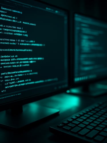 Extreme close-up of a developer workspace with multiple monitors displaying lines of clean Kotlin code, dramatic neon backlighting, high-contrast teal reflections