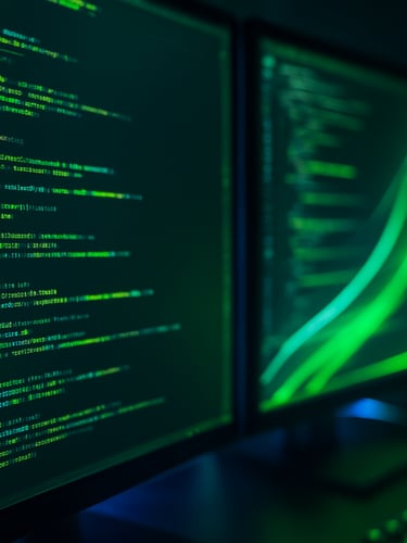 Macro close-up of a developer workspace, glowing code on multiple vertical monitors reflecting electric teal and acid green neon light trails, dark-mode tech style