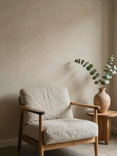 A minimalist therapy room interior with warm oak accents, a single linen armchair in soft focus, eucalyptus leaves in a clay vase, soft diffused north-facing daylight casting gentle shadows on a textured warm plaster wall.