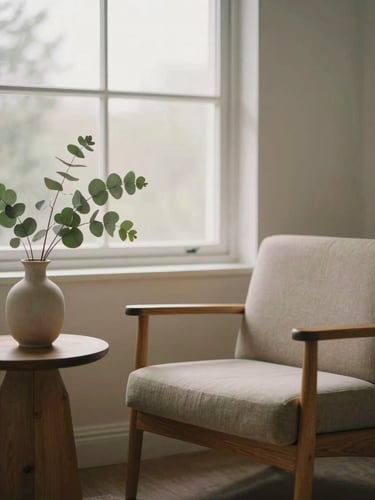 Minimalist therapy room interior, a comfortable warm oak armchair beside a large window, soft diffused daylight, eucalyptus leaves in a ceramic vase on a side table, muted taupe and sage tones.