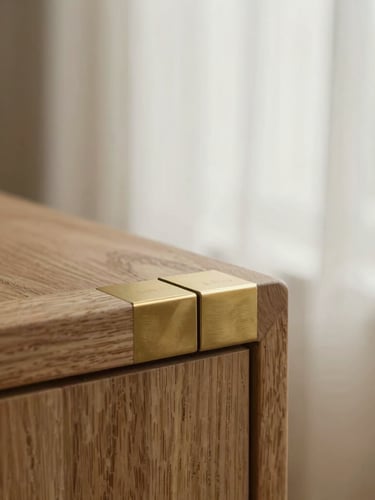 Macro detail shot of a hand-carved oak furniture joint meeting brushed brass, soft diffused window light, warm editorial aesthetic