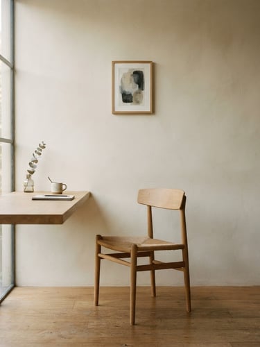 Straight-on architectural elevation of a minimalist workspace, soft natural window light, muted cream plaster wall, a single solid oak chair, shallow depth of field, 35mm