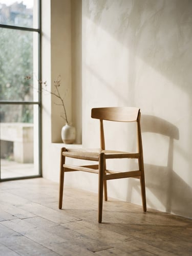 A beautifully designed minimalist timber chair sitting in soft natural window light, cast shadows on a warm cream plaster wall, architectural editorial photography, 35mm