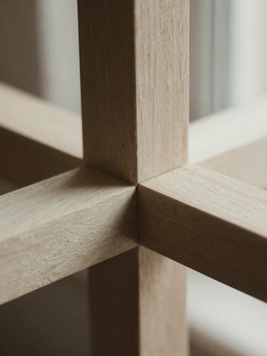 Macro detail shot of a hand-carved wood joint, soft natural light casting deep soft shadows, muted warm tones, shallow depth of field, 35mm