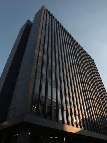 Wide-angle, low-angle dramatic corporate photography of a modern, imposing corporate building in León, Bajío, with sharp architectural lines, cool daylight, and deep shadows, projecting power and dominance.