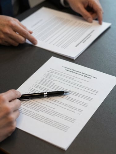 Close-up overhead shot of corporate governance documents spread on a dark conference table, a pen resting on a clause-dense page, hands partially visible reviewing a second document, controlled studio lighting, crisp and documentary