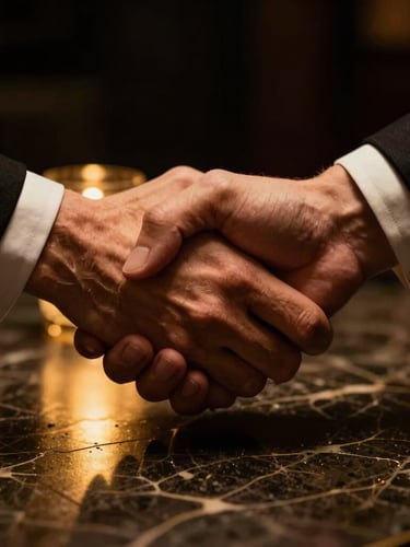 Dramatic close-up of hands in a firm handshake over a dark textured marble table, warm golden light reflecting on polished surfaces, luxury editorial style, 35mm