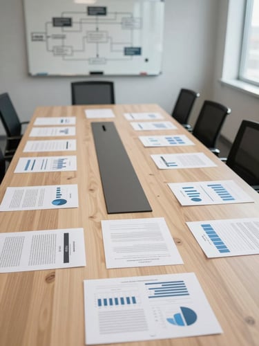 Wide shot of a corporate strategy workspace from above — a long conference table with printed financial models, contract pages, and a whiteboard with a structured flow diagram visible, indirect daylight from the right, organized and precise, no people present
