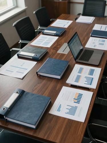 Wide environmental shot of a structured corporate meeting room, overhead view of a long table with organized legal binders, printed financial models and a laptop displaying a dashboard, indirect daylight from left, no people, architectural precision