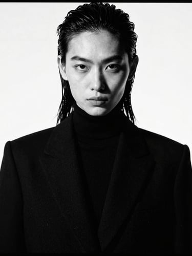 High-contrast black and white fashion portrait, sharp direct flash, professional model with a strong editorial expression, deep shadows, negative space, 35mm film.