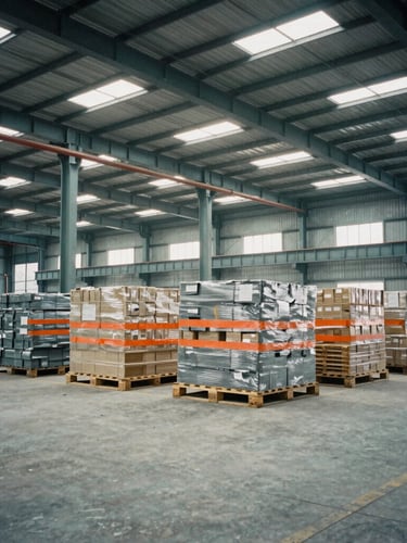 Interior of a massive steel-framed industrial warehouse in Bangladesh, organized pallets of cargo under high-contrast overcast skylight, cool gray concrete floors.