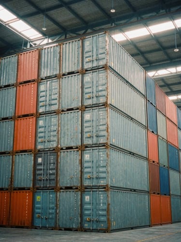 A tall portrait shot of a massive industrial warehouse interior, towering stacks of steel cargo containers, cool overcast light filtering from high skylights, 35mm film grain.