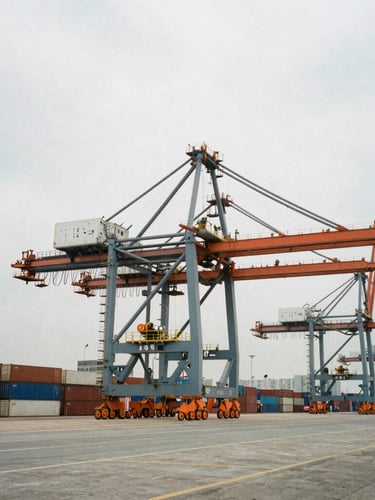 Wide-angle industrial documentary shot of a container terminal at Chittagong Port under overcast morning light, steel gray tones, safety orange crane accents.