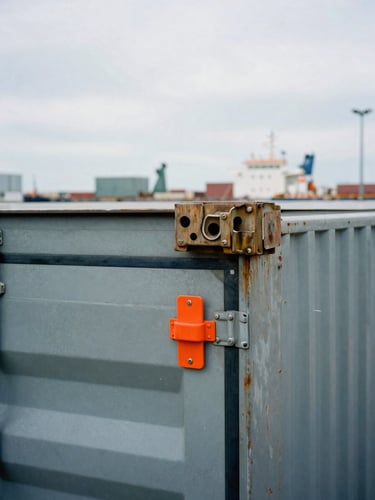 Close-up of a heavy steel shipping container latch with a bright orange security seal, overcast harbor daylight, cargo vessels blurred in the background.