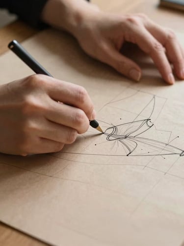 Close-up of a designer's hands drafting a custom dress pattern on heavy kraft paper, natural light.