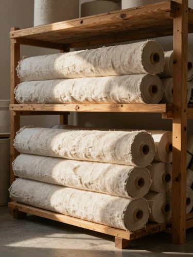 Wide shot of raw organic linen fabric rolls stacked in a sunlit Saint George studio, warm golden hour shadows, rustic wooden shelves