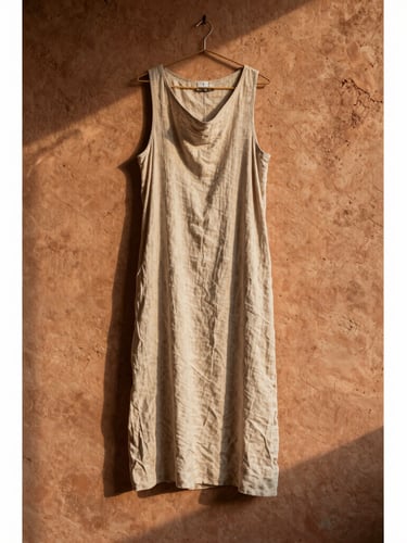 A vertical portrait of a draped natural linen dress hanging on a textured clay-terracotta wall, soft late-afternoon golden hour light casting gentle shadows.