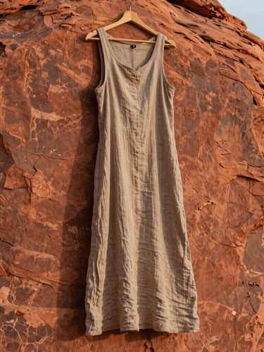 A beautifully draped clay-dyed linen dress hanging against a sun-drenched red rock cliff in Southern Utah, soft late afternoon light