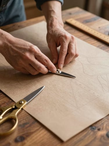 An artisan hand-drafting a garment pattern on heavy kraft paper, wooden rulers and brass shears on a rustic wooden table, warm diffused natural light.