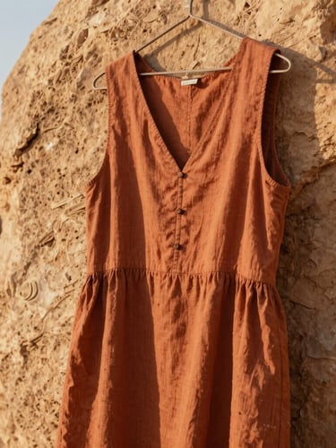 A close-up of a warm clay-colored linen dress hanging on a textured sandstone wall in the late afternoon desert sun, casting soft shadows.