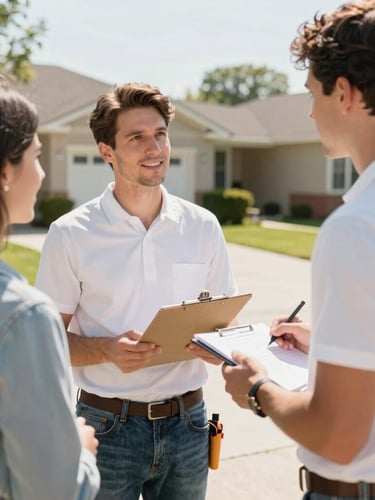 A professional contractor in a clean work shirt talking to a homeowner on a sunny driveway, holding a clipboard, bright natural daylight, warm realistic tones, sharp focus, 35mm