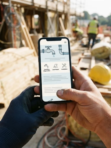 Close-up of hands holding a smartphone on a construction site, displaying a clean local plumbing website, bright daylight, 35mm