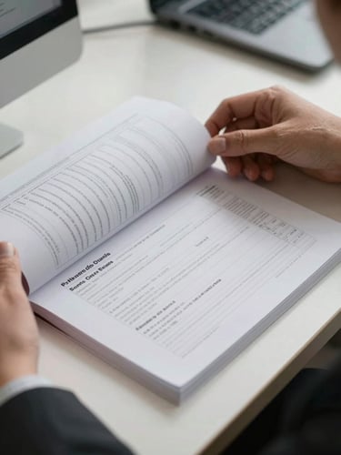 Desk-level documentary shot of an open bank application form on a clean surface, a business owner's hand turning a page, soft studio daylight from above, high contrast on printed form text, neutral office environment in soft focus behind