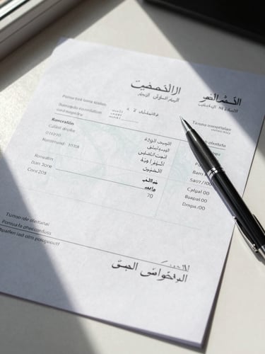 Close-up overhead flat-lay of an Arabic invoice document on a clean desk surface, a pen resting diagonally across signed lines, natural daylight from a side window casting soft shadows across the paper, high contrast on printed text fields