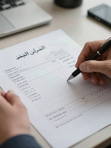 Close-up desk-level shot of hands reviewing a printed Arabic-language invoice under soft daylight, a pen resting on the document, sharp focus on the document header and line items, muted background workspace