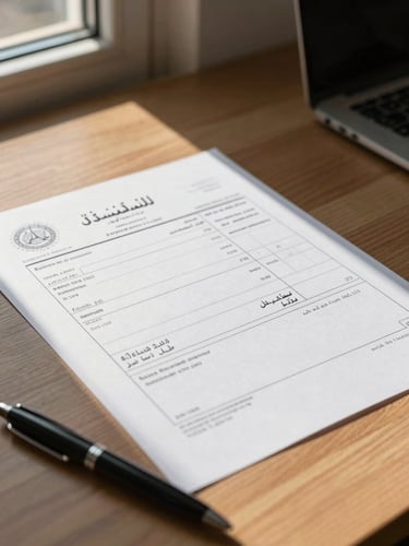 Desk-level close-up of a completed Arabic-language tax invoice resting on a clean wooden desk surface, natural daylight from a left-side window casting a sharp shadow across the document, a pen placed diagonally at the bottom edge, high contrast on printed text lines and official stamp marks, no people visible, minimal background