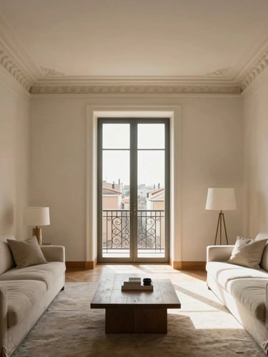 Straight-on architectural shot of a sunlit classic Madrid living room, original plaster moldings on high ceilings, warm afternoon light filtering through a wrought-iron balcony, elegant minimalist styling.